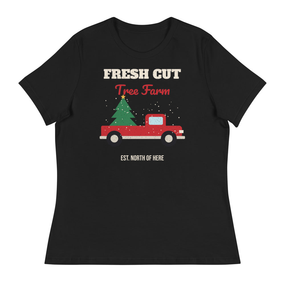 Women's Fresh Cut Tree Farm Relaxed Tee in black, design printed on the front, front view