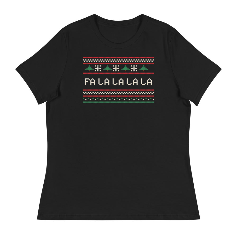 Women's Fa La La Knit Relaxed Tee in black, design printed on the front, front view