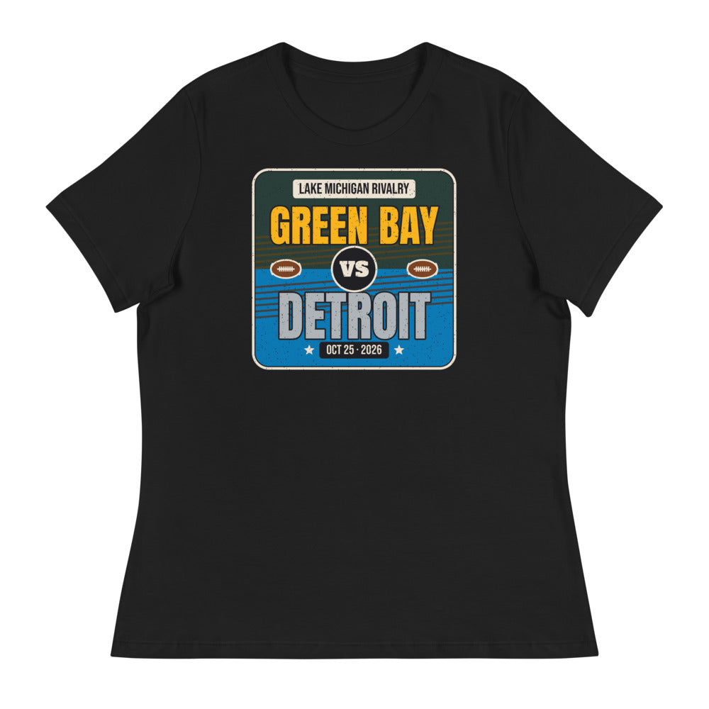 Women's Green Bay vs. Detroit Rivalry 2026 Relaxed Tee in black, design printed on the front, front view