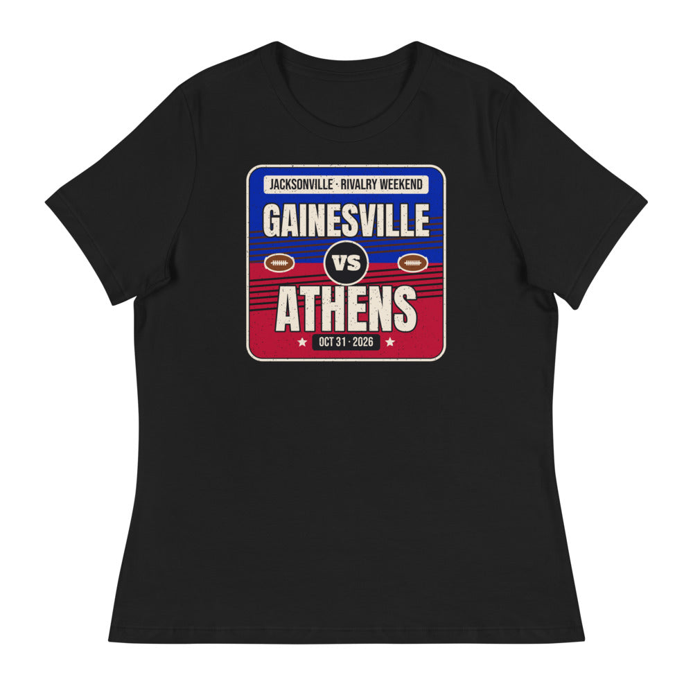 Women's Gainesville vs. Athens Jacksonville Rivalry 2026 Relaxed Tee in black, design printed on the front, front view