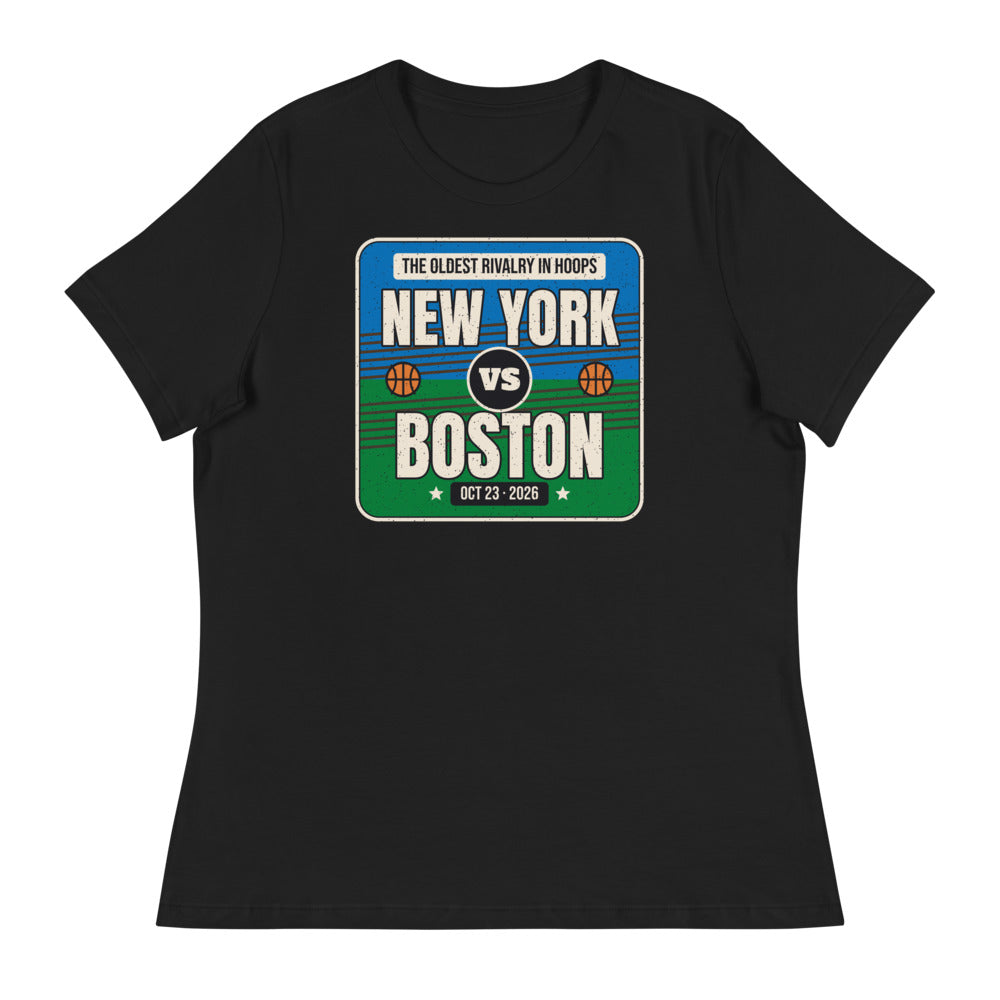 Women's New York vs. Boston Rivalry 2026 Relaxed Tee in black, design printed on the front, front view