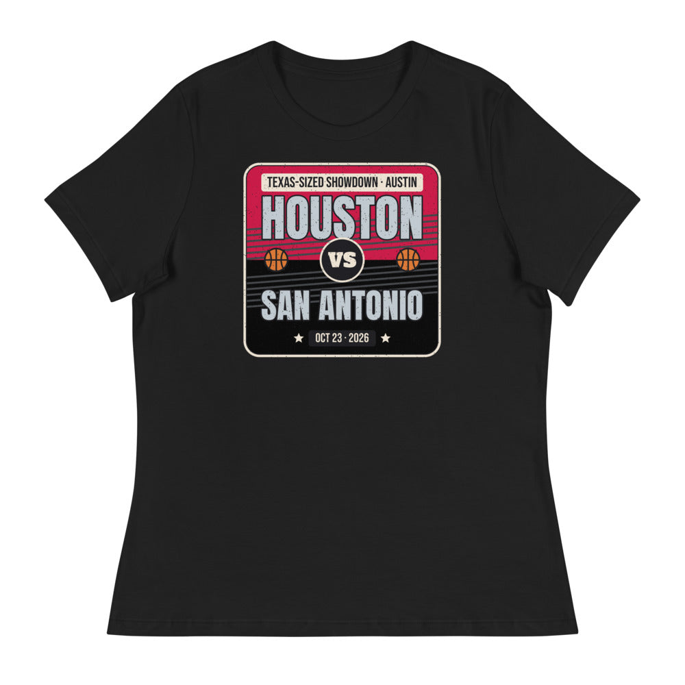 Women's Houston vs. San Antonio Showdown 2026 Relaxed Tee in black, design printed on the front, front view