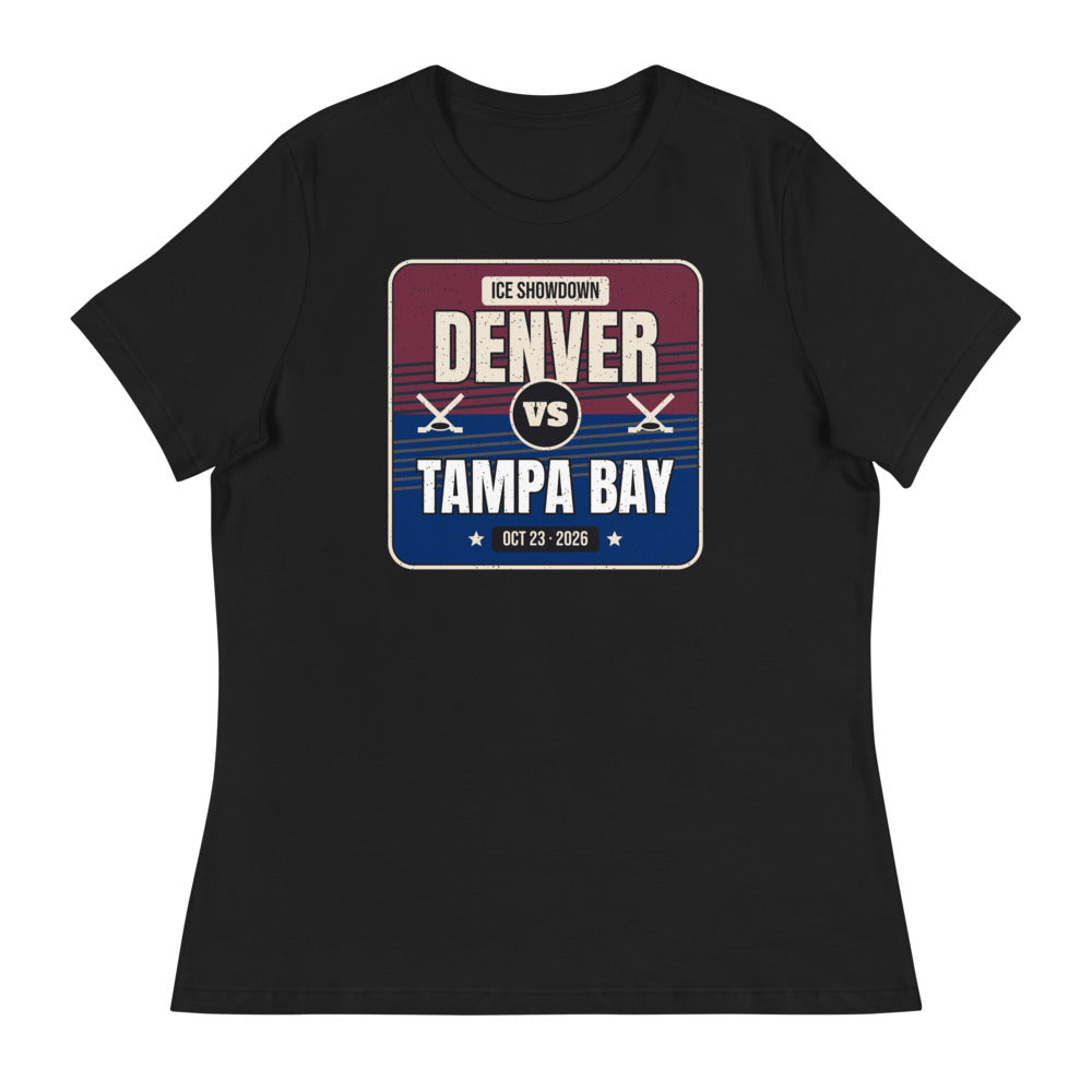 Women's Denver vs. Tampa Bay Showdown 2026 Relaxed Tee in black, design printed on the front, front view