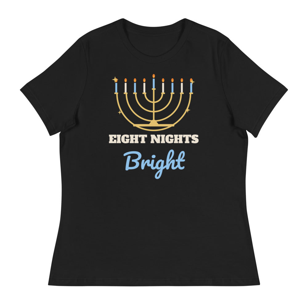 Women's Eight Nights Bright Relaxed Tee in black, design printed on the front, front view