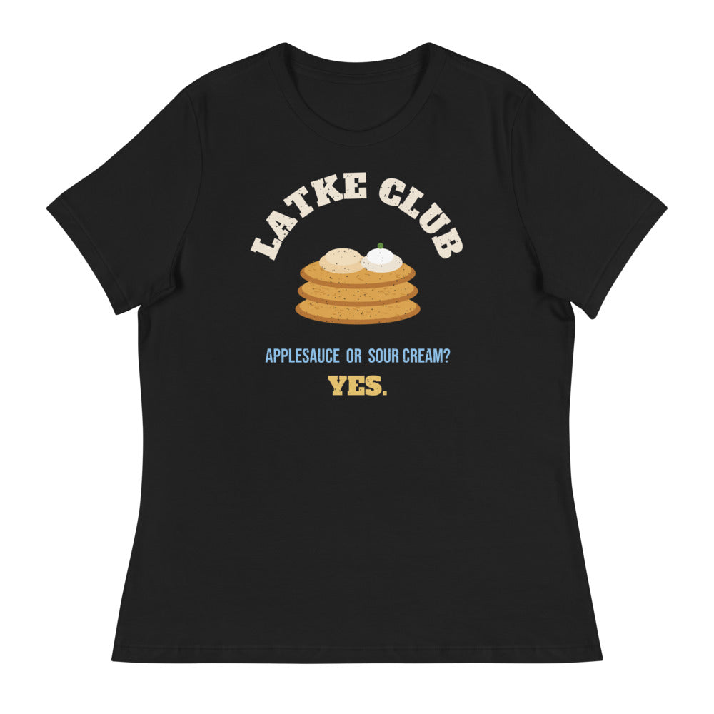 Women's Latke Club Relaxed Tee in black, design printed on the front, front view