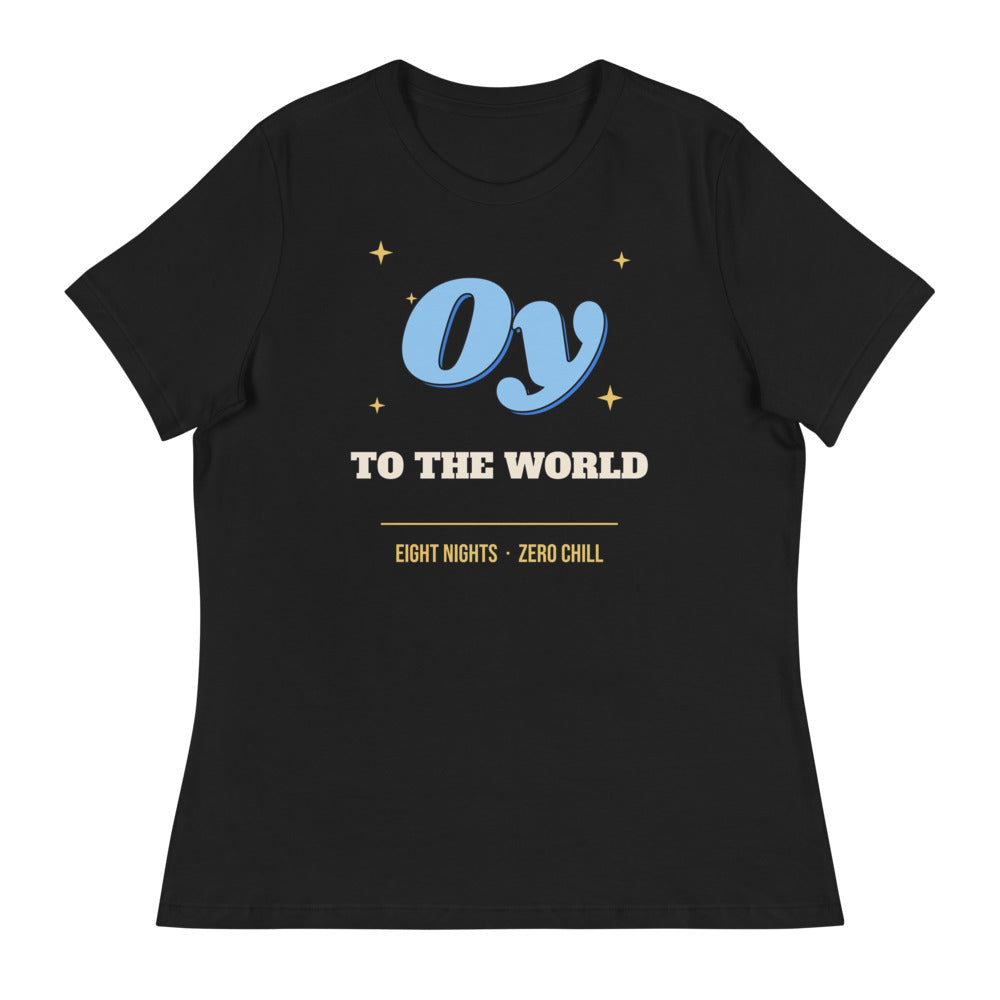 Women's Oy to the World Relaxed Tee in black, design printed on the front, front view