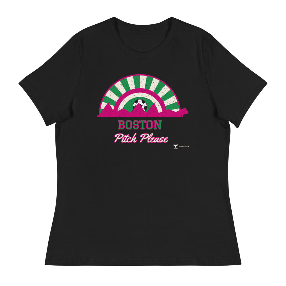 Women's Boston Pitch Please Relaxed Tee in black, design printed on the front, front view