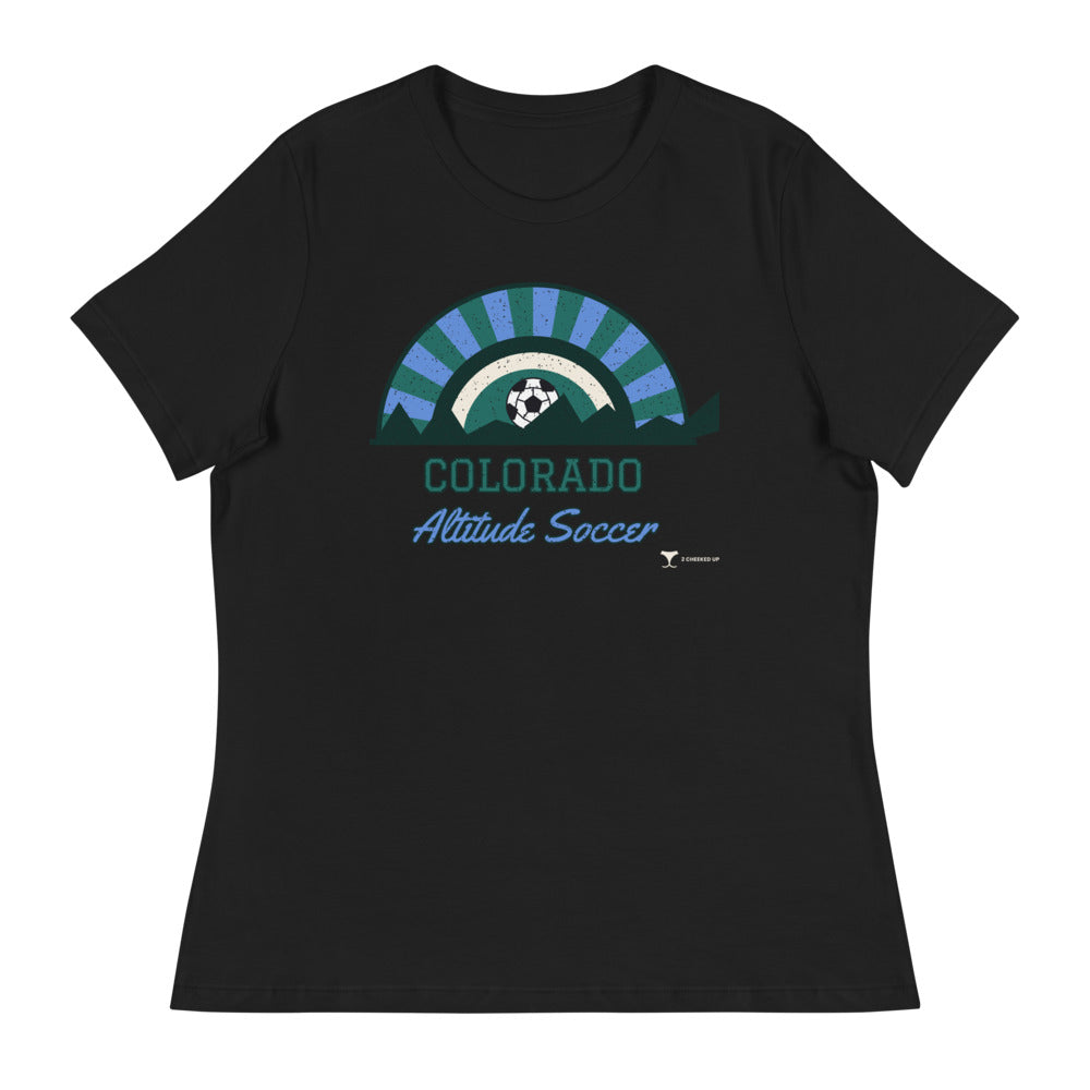 Women's Colorado Altitude Soccer Relaxed Tee in black, design printed on the front, front view