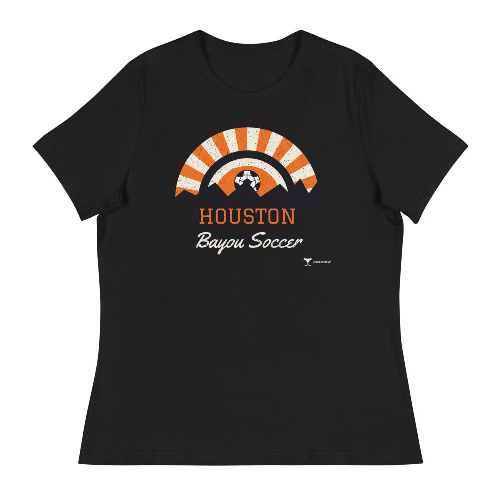 Women's Houston Bayou Soccer Relaxed Tee in black, design printed on the front, front view