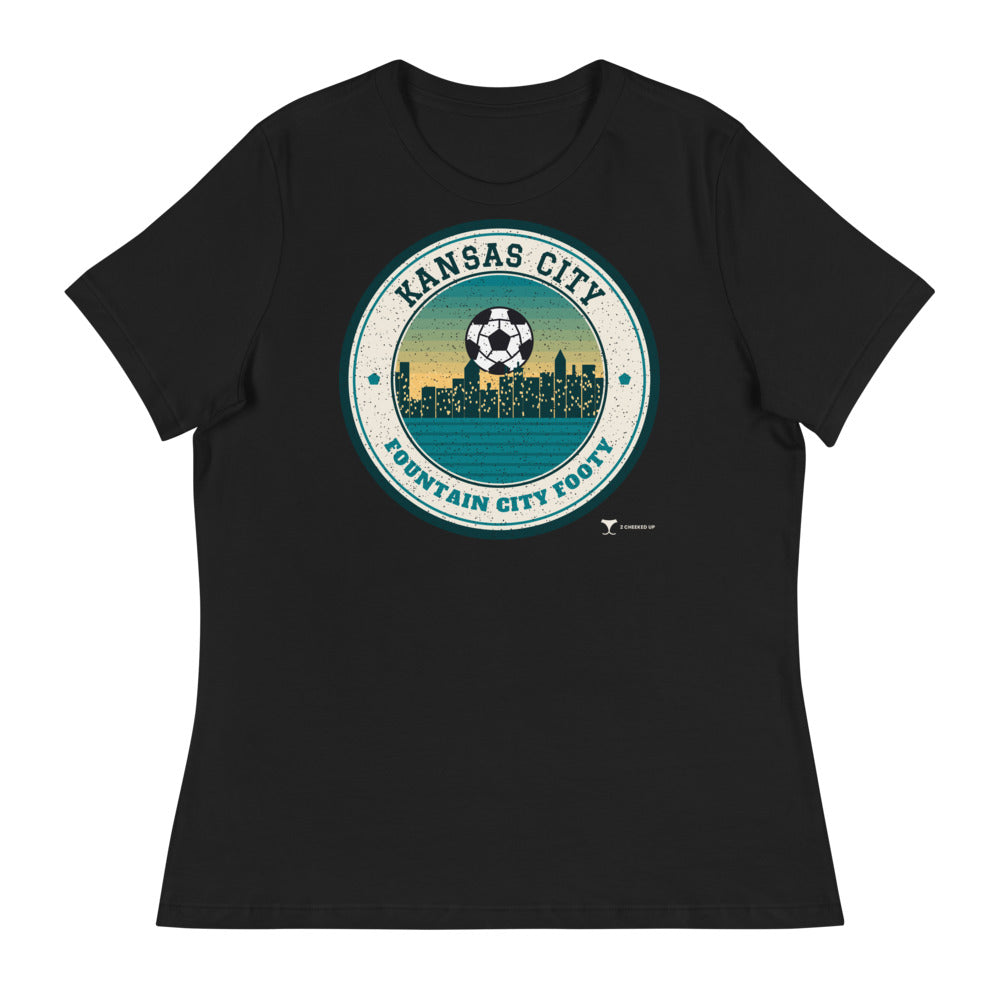 Women's Kansas City Fountain City Footy Relaxed Tee in black, design printed on the front, front view