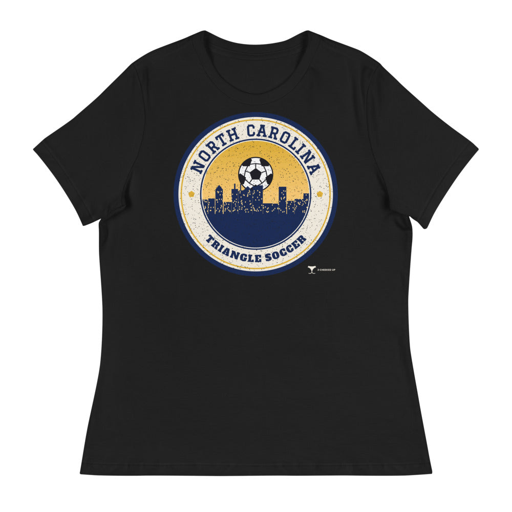 Women's North Carolina Triangle Soccer Relaxed Tee in black, design printed on the front, front view