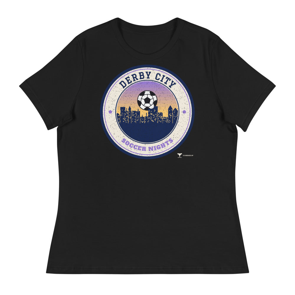 Women's Derby City Soccer Nights Relaxed Tee in black, design printed on the front, front view
