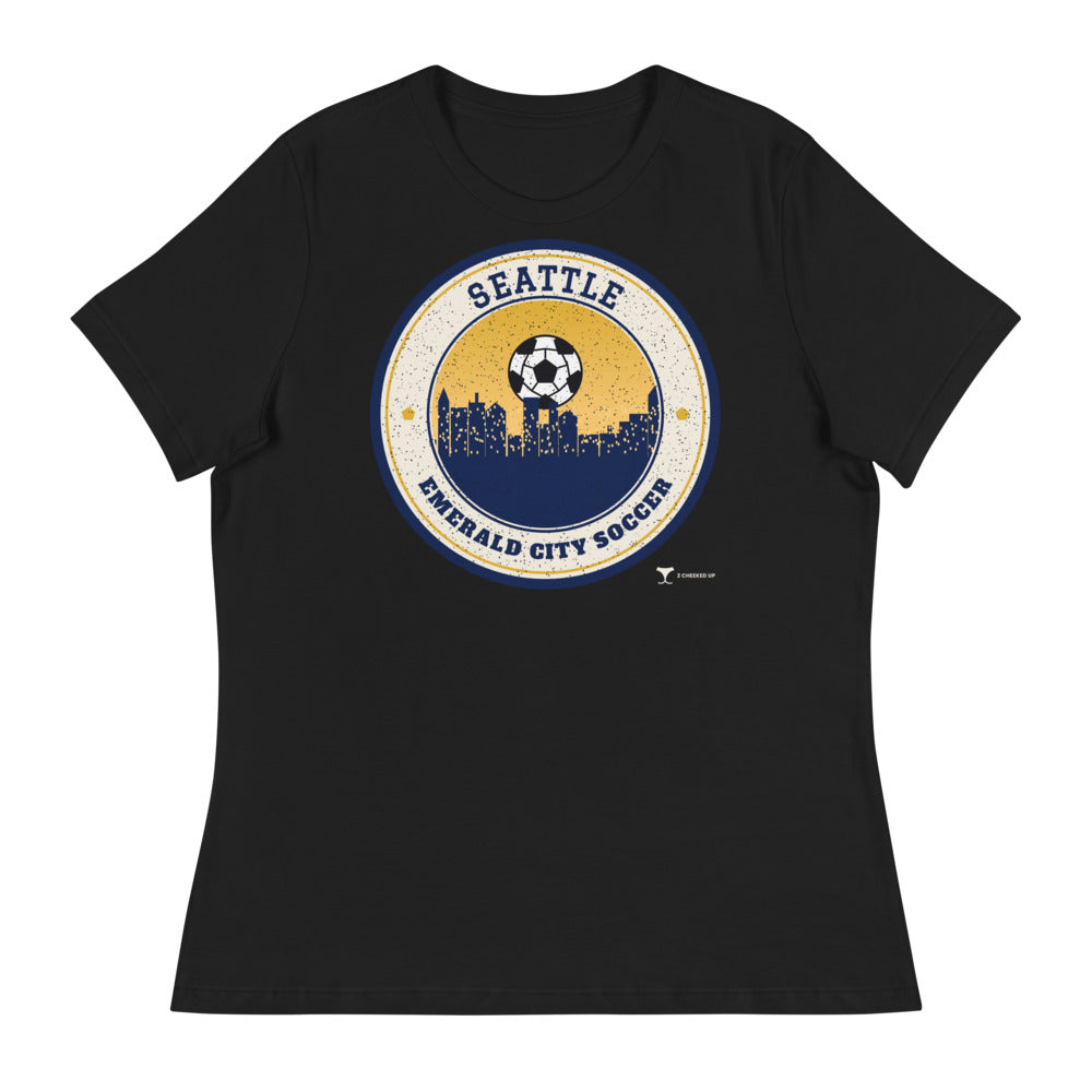 Women's Seattle Emerald City Soccer Relaxed Tee in black, design printed on the front, front view