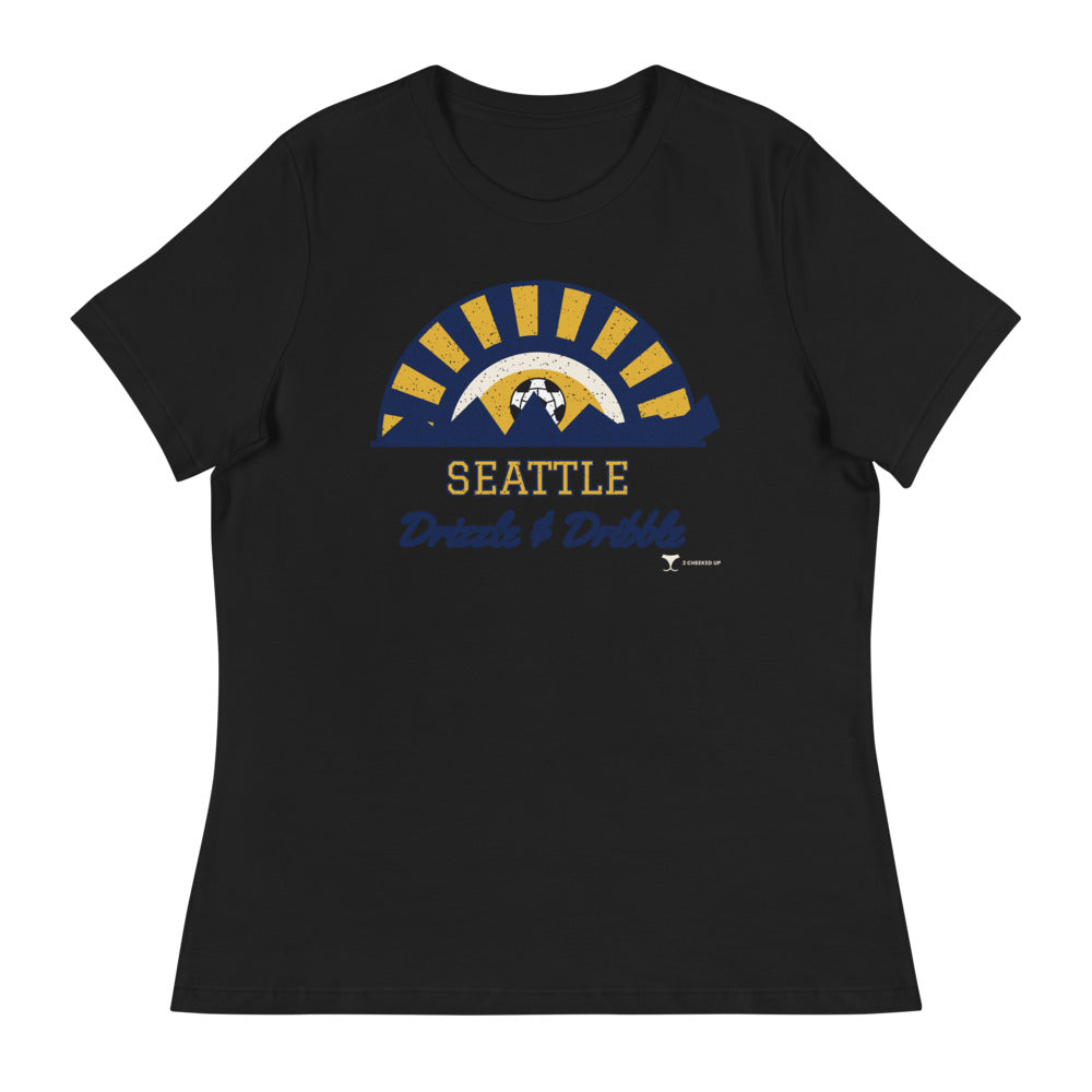 Women's Seattle Drizzle & Dribble Relaxed Tee in black, design printed on the front, front view
