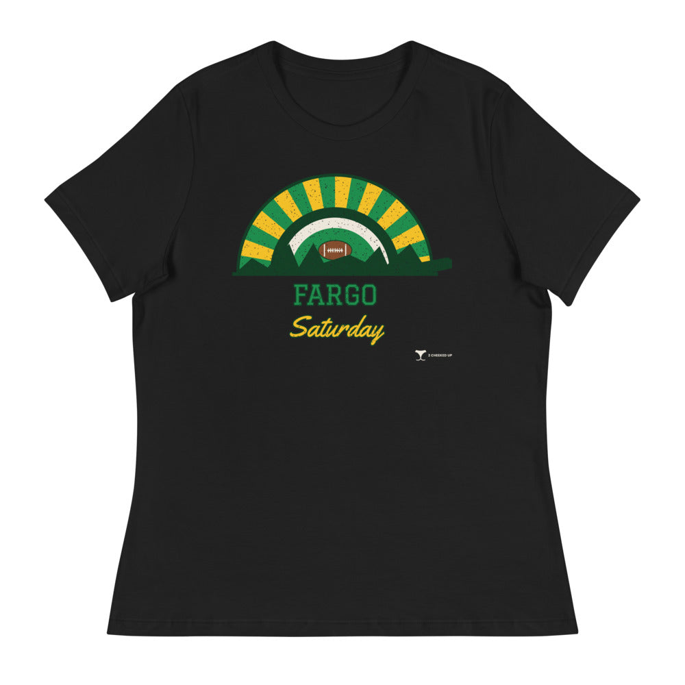 Women's Fargo Saturday Relaxed Tee in black, design printed on the front, front view