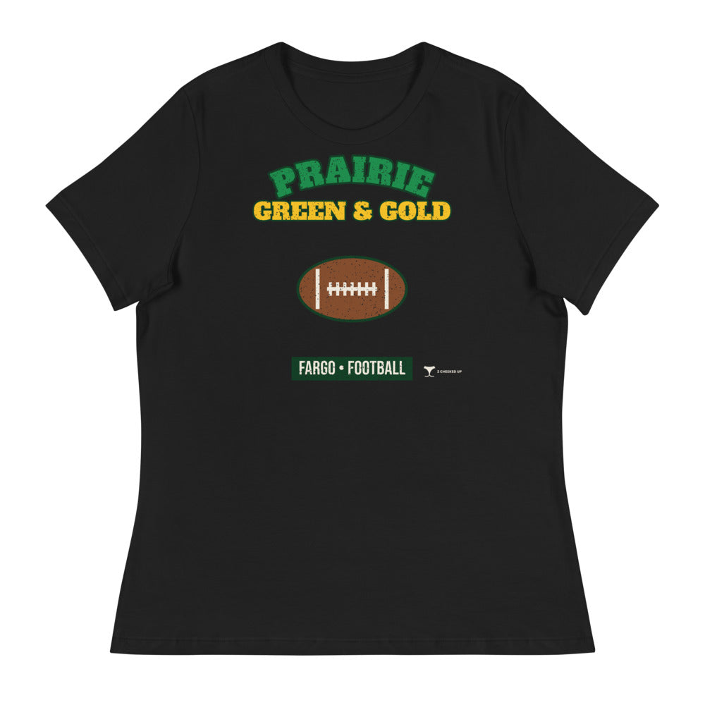 Women's Prairie Green & Gold Fargo Football Relaxed Tee in black, design printed on the front, front view