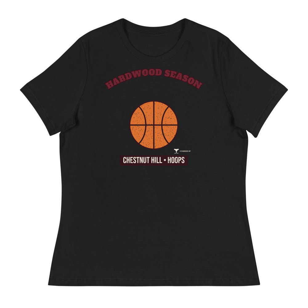Women's Chestnut Hill Hardwood Season Relaxed Tee in black, design printed on the front, front view