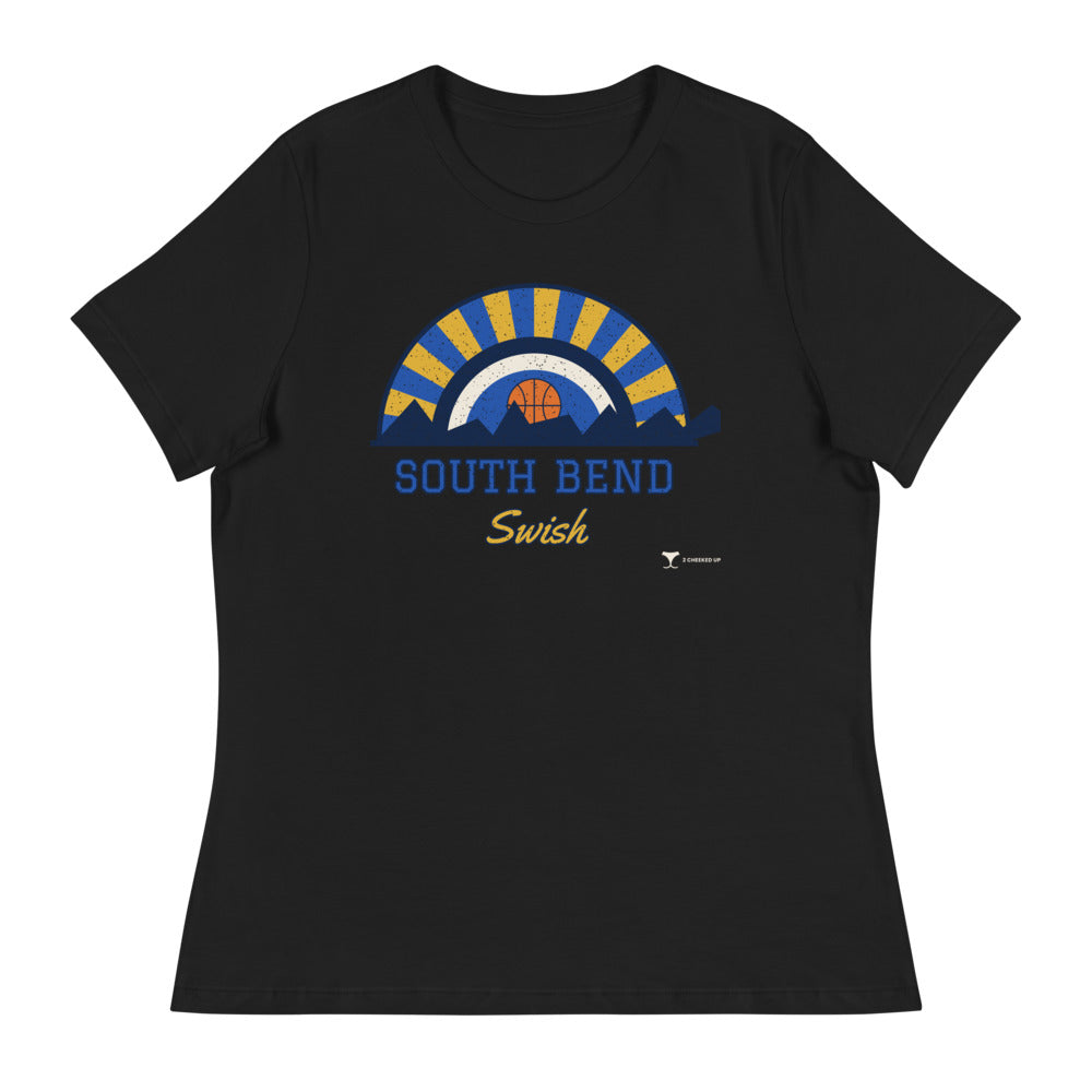 Women's South Bend Swish Relaxed Tee in black, design printed on the front, front view
