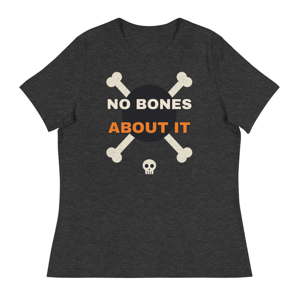 Women's No Bones About It Relaxed Tee in dark grey heather, design printed on the front, front view