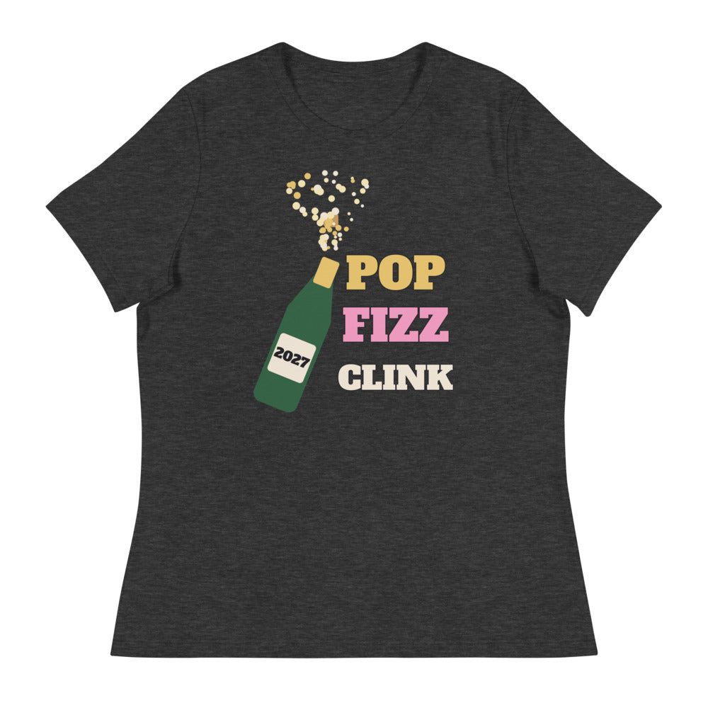 Women's Pop Fizz Clink Relaxed Tee in dark grey heather, design printed on the front, front view