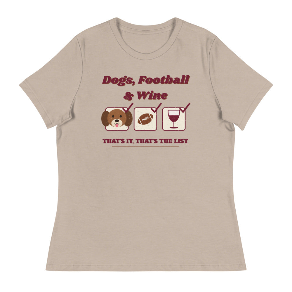 Women's Dog Mom Football & Wine List Relaxed Tee in heather stone, front view