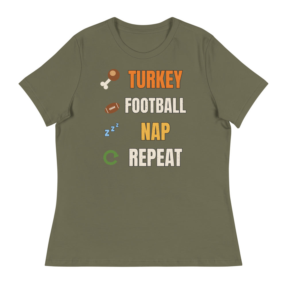Women's Turkey Football Nap Repeat Relaxed Tee in military green, design printed on the front, front view