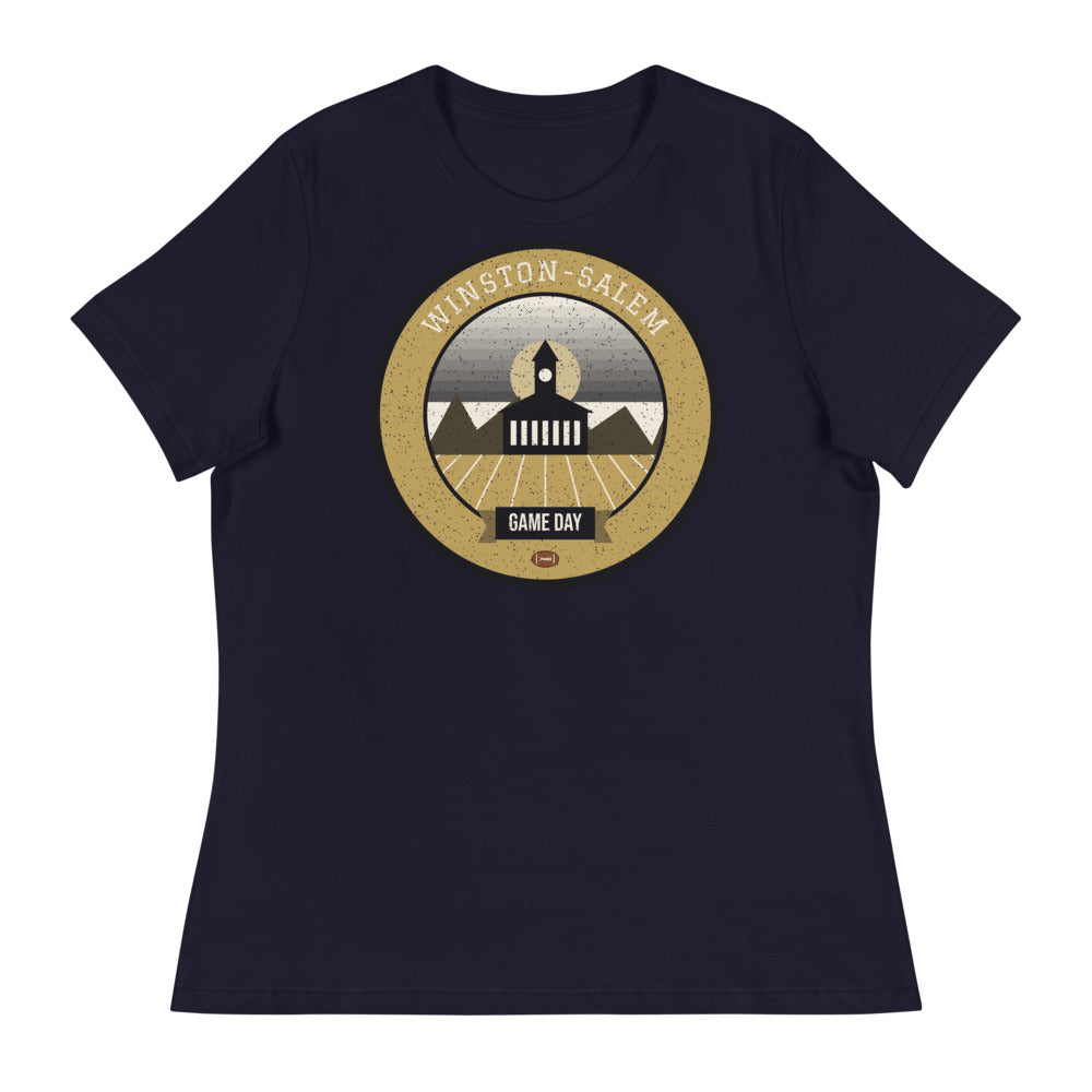 Women's Old Gold Tobacco Town Game Day Tee in navy, front