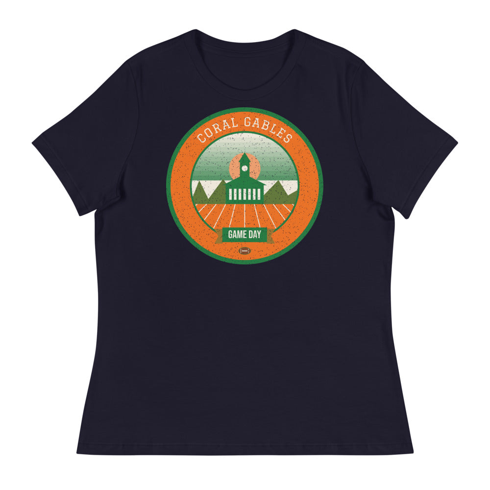 Women's Orange & Green Coral Gables Game Day Tee in navy, front