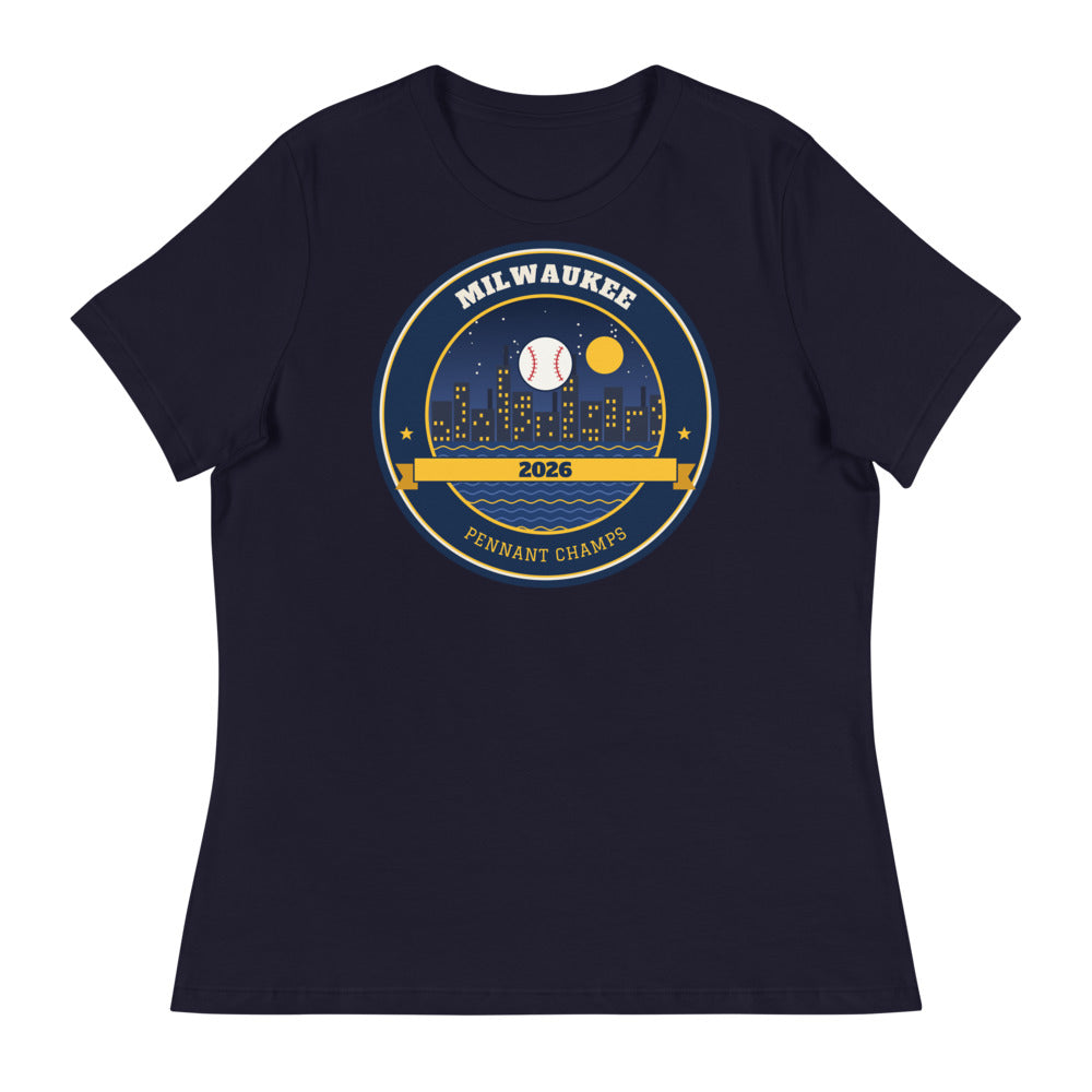 Women's Milwaukee 2026 Pennant Champs Relaxed Tee in navy, design printed on the front, front view