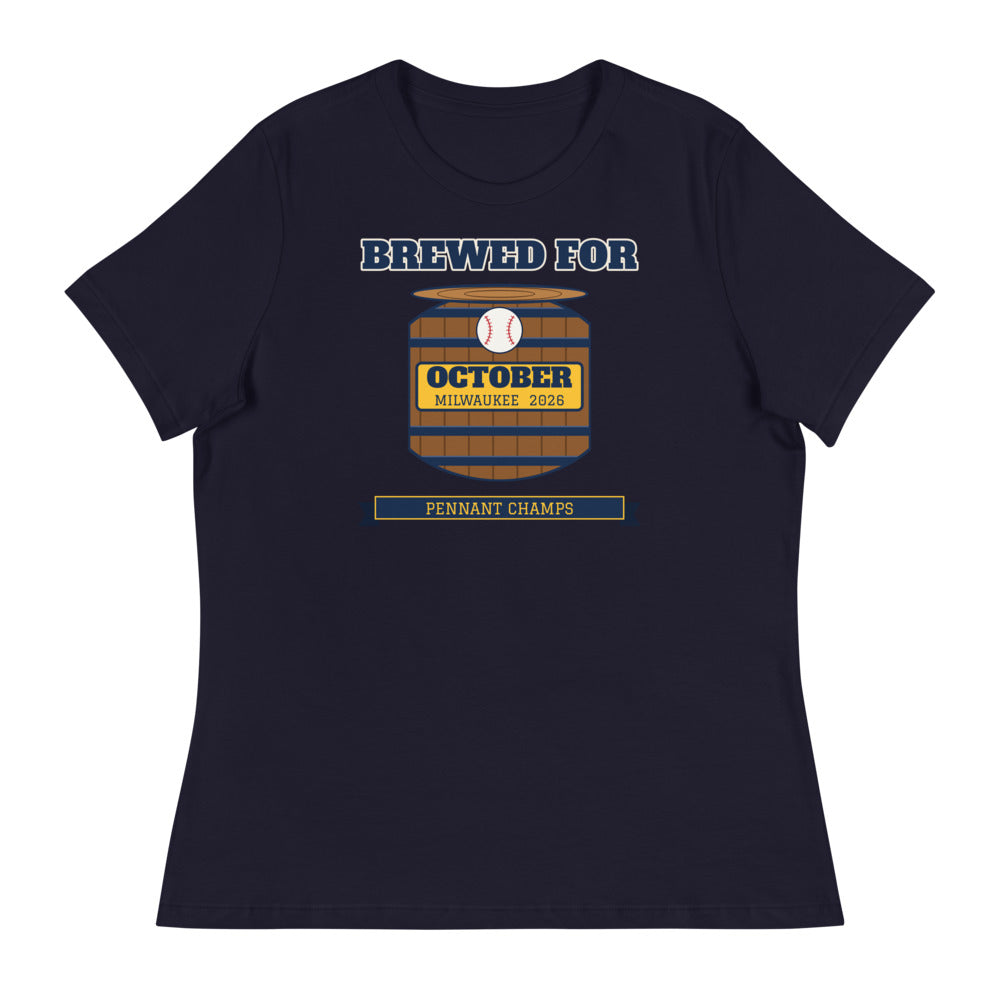 Women's Brewed for October Milwaukee 2026 Relaxed Tee in navy, design printed on the front, front view