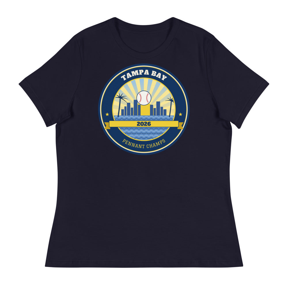 Women's Tampa Bay 2026 Pennant Champs Relaxed Tee in navy, design printed on the front, front view