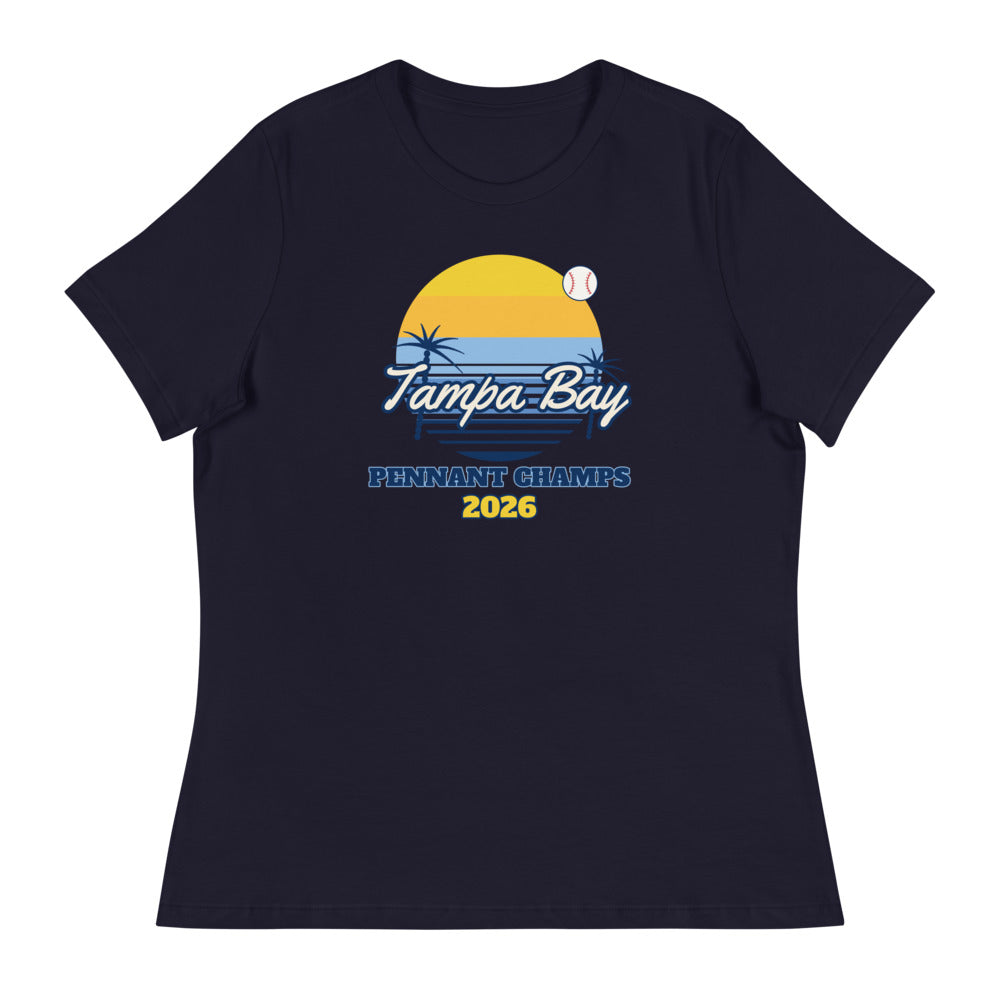 Women's Tampa Bay Sunset Champs 2026 Relaxed Tee in navy, design printed on the front, front view