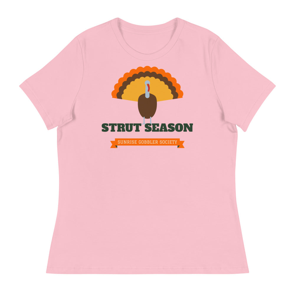 Women's Strut Season Gobbler Society Relaxed Tee in pink, design printed on the front, front view