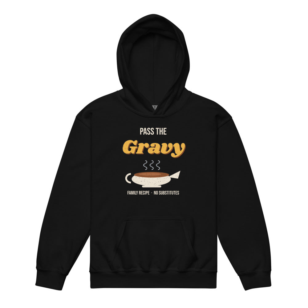 Pass the Gravy Kids Hoodie in black, mockup of the design printed on the front of the kids hoodie