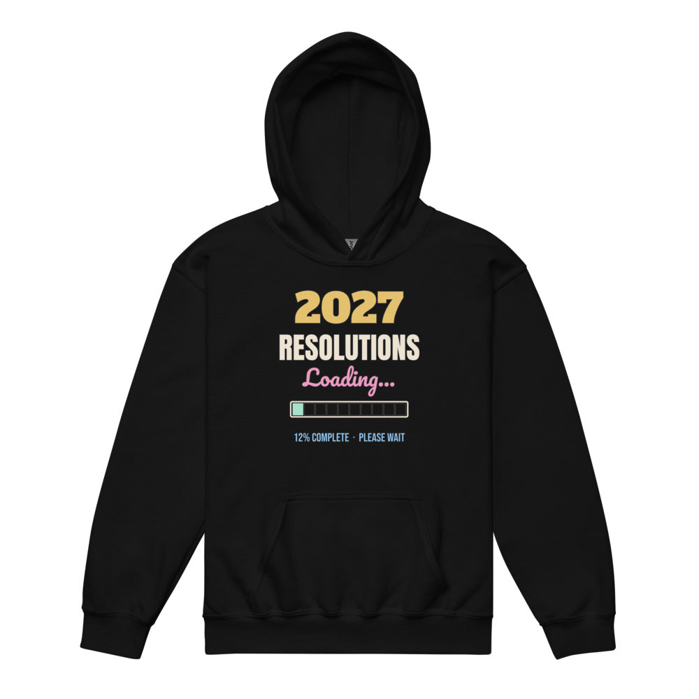 2027 Resolutions Loading Kids Hoodie in black, mockup of the design printed on the front of the kids hoodie