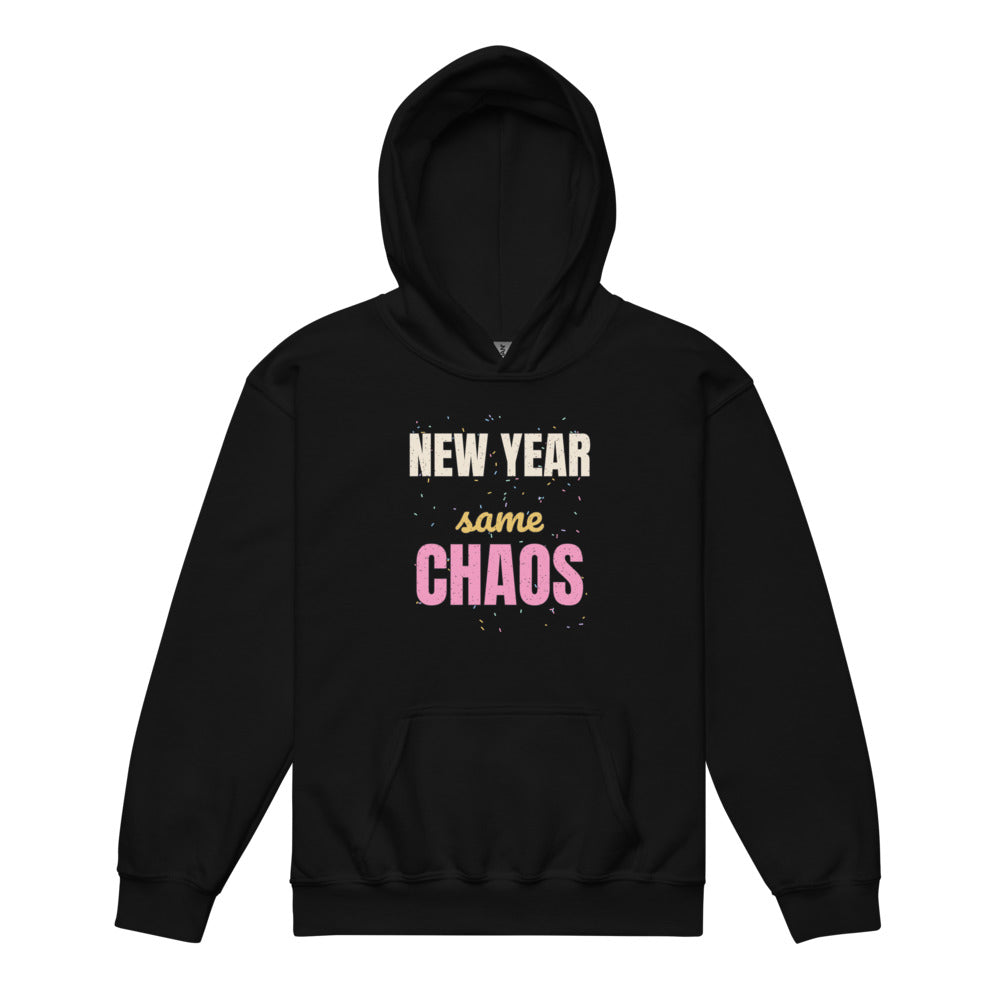 New Year Same Chaos Kids Hoodie in black, mockup of the design printed on the front of the kids hoodie