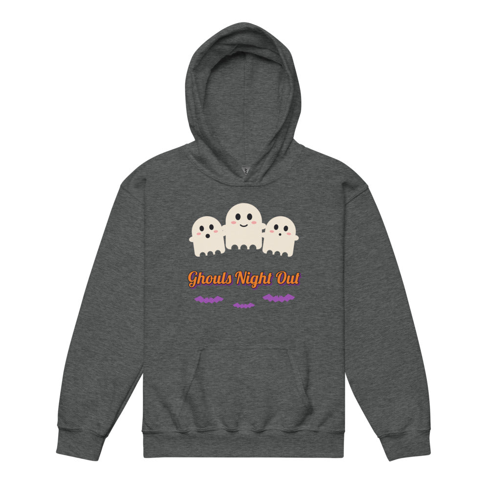 Ghouls Night Out Kids Hoodie in dark heather, mockup of the design printed on the front of the kids hoodie