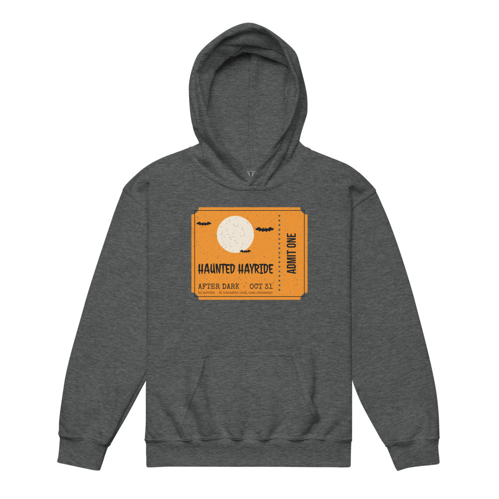 Haunted Hayride Kids Hoodie in dark heather, mockup of the design printed on the front of the kids hoodie