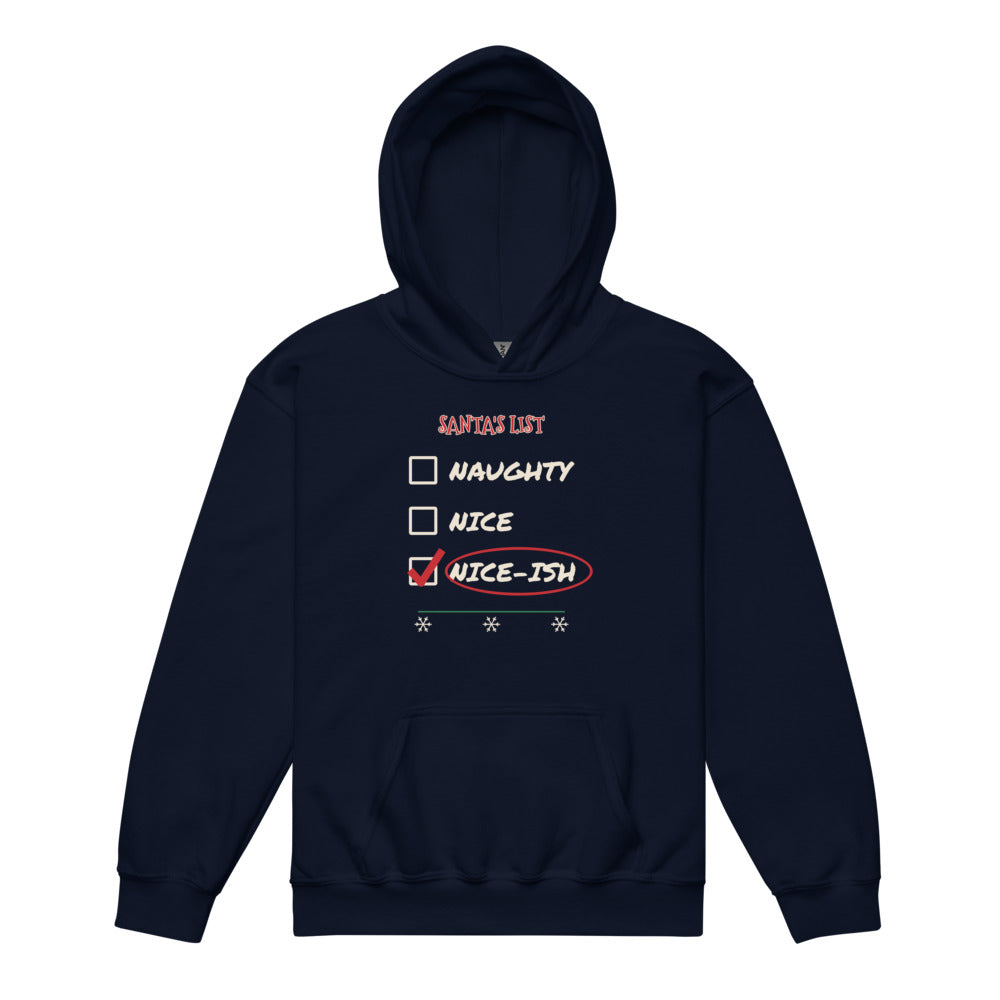 Nice-ish Kids Hoodie in navy, mockup of the design printed on the front of the kids hoodie