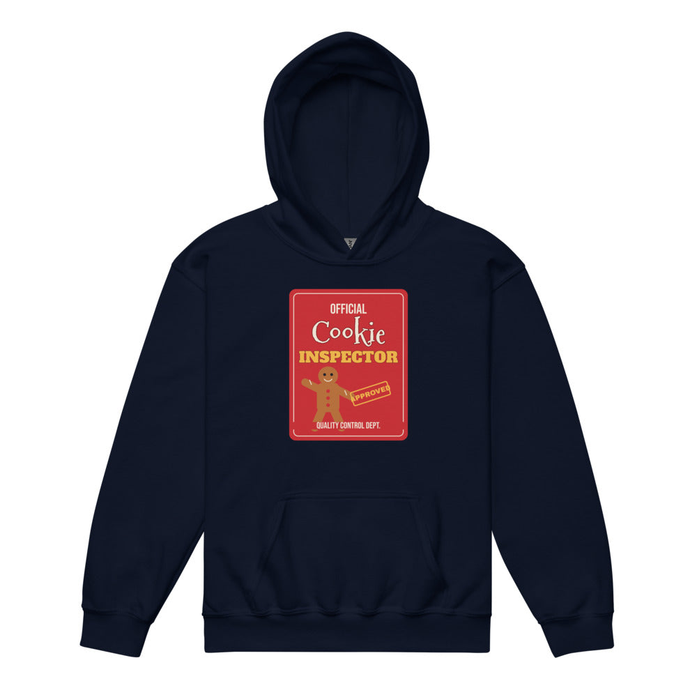 Cookie Inspector Kids Hoodie in navy, mockup of the design printed on the front of the kids hoodie