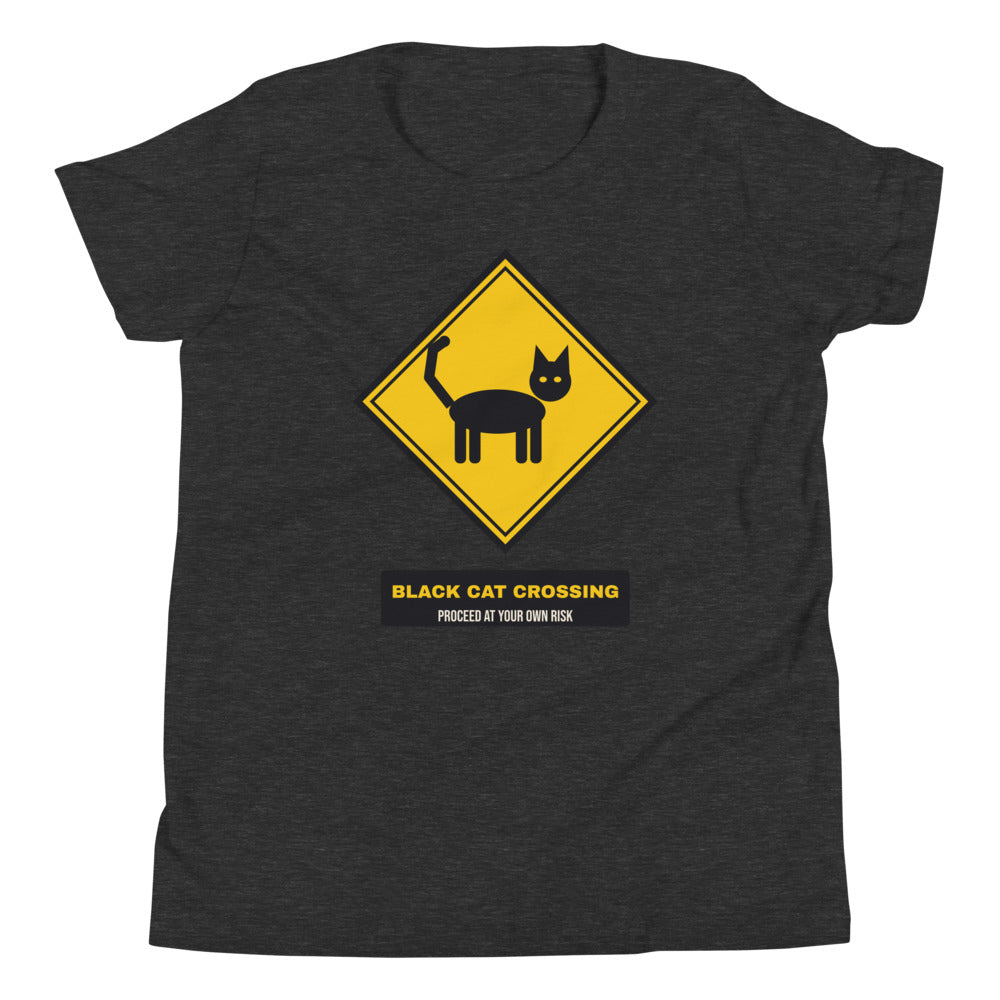 Black Cat Crossing Kids Tee in dark grey heather, mockup of the design printed on the front of the kids tee