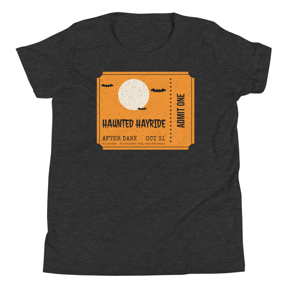 Haunted Hayride Kids Tee in dark grey heather, mockup of the design printed on the front of the kids tee