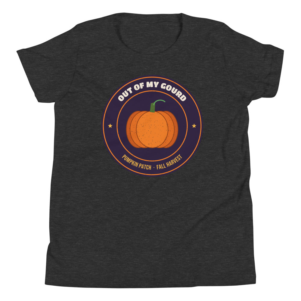 Out of My Gourd Kids Tee in dark grey heather, mockup of the design printed on the front of the kids tee