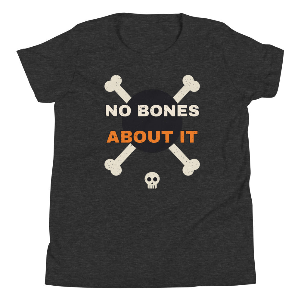 No Bones About It Kids Tee in dark grey heather, mockup of the design printed on the front of the kids tee