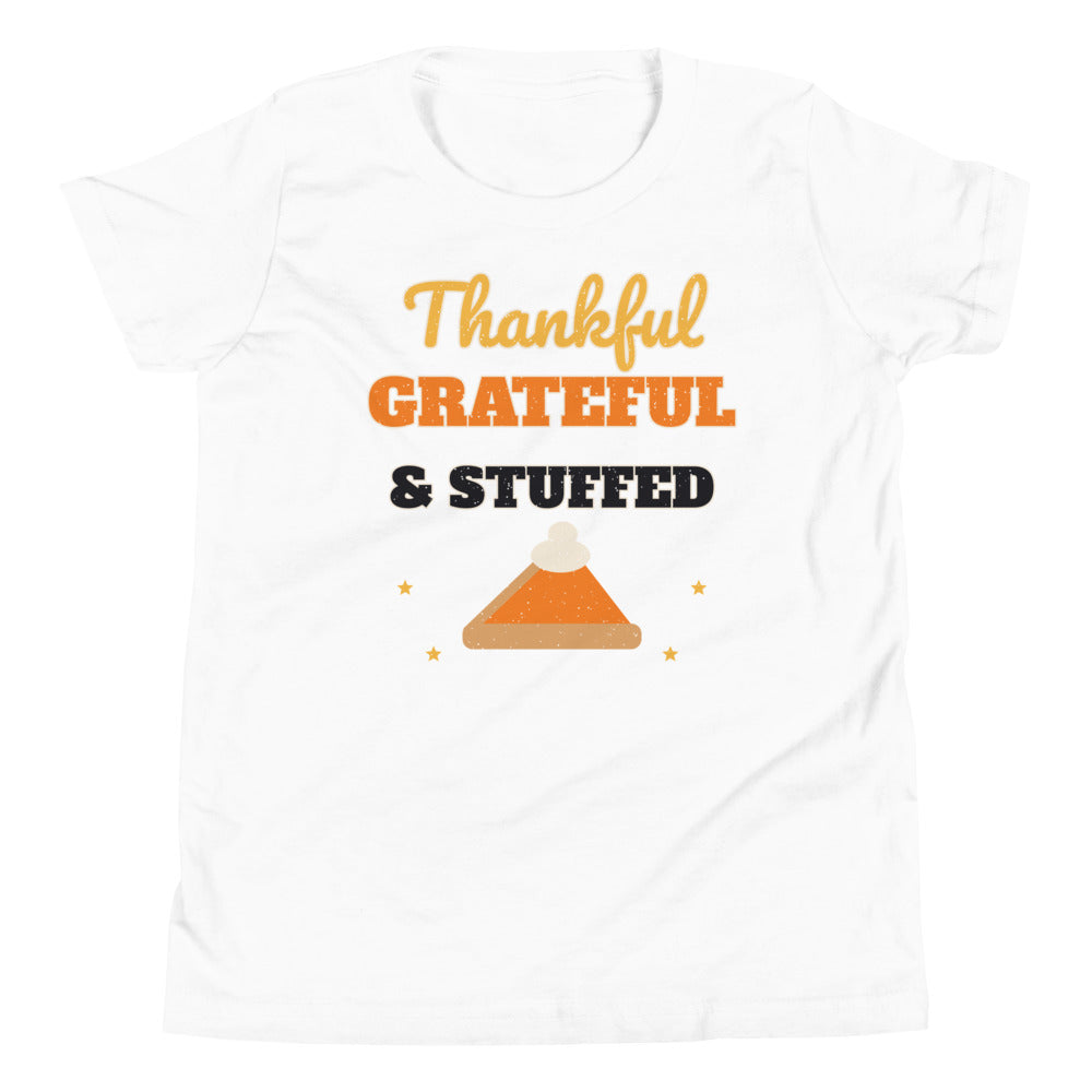 Thankful, Grateful & Stuffed Kids Tee in white, mockup of the design printed on the front of the kids tee