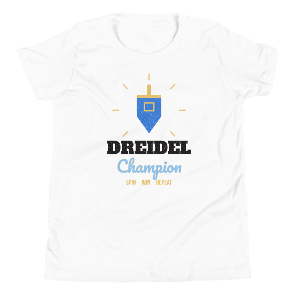 Dreidel Champion Kids Tee in white, mockup of the design printed on the front of the kids tee