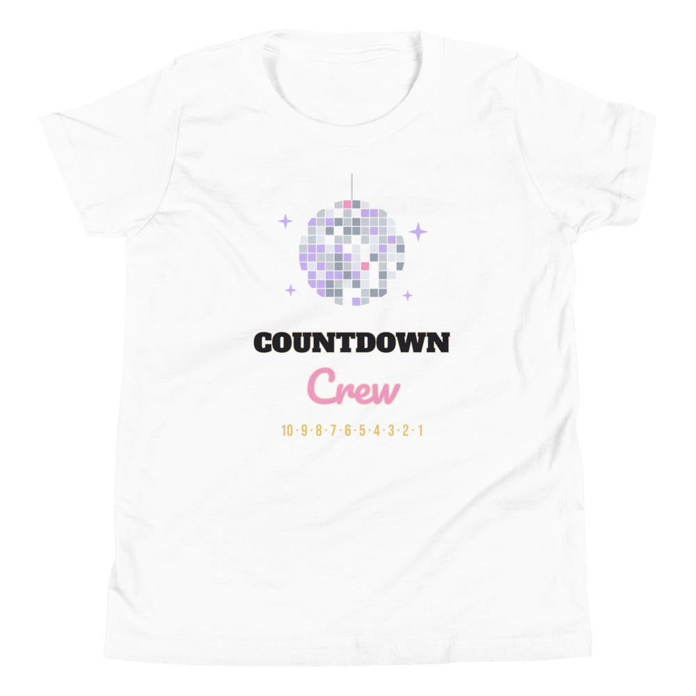 Countdown Crew Kids Tee in white, mockup of the design printed on the front of the kids tee