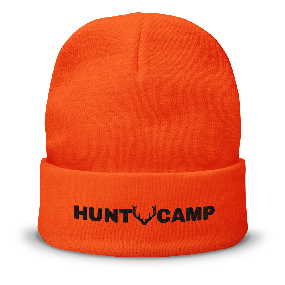 Hunt Camp Cuffed Beanie in neon orange, embroidered cuff, front view