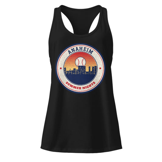 Women's Anaheim Summer Nights Ballpark Racerback Tank in Black, front view