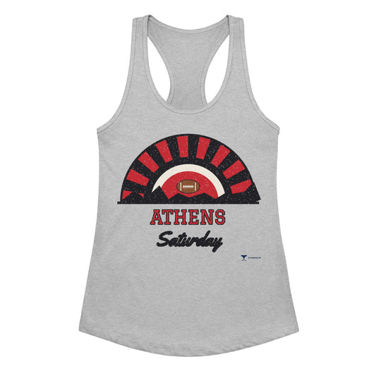Women's Athens Saturday Racerback Tank in Heather Gray, front view